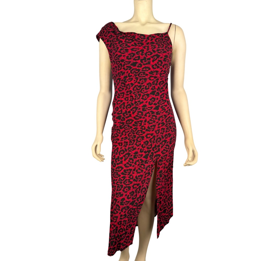 Vintage Allen Schwartz Dress Size 0 Y2K Red Leopard Print Sexy Asymmetrical Vamp